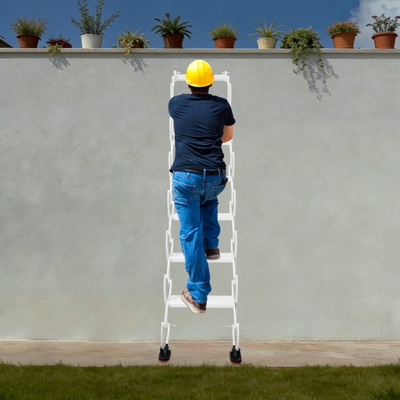 White High Manganese Steel Wall-Hung Staircase 40x195cm 7-Step Folding Telescopic Ladder Bears 440 Pounds