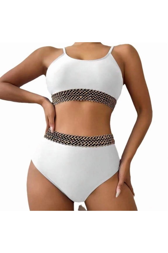 White High-Waist Two-Piece Bikini Set With Gold-Tone Chain Trim