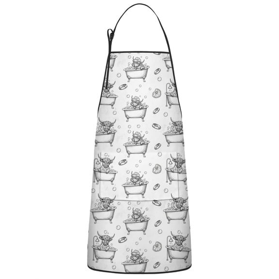 White Highland Cow Bathtub Bubble Pattern Apron-Garden Aprons for Women with Pockets-Cotton Linen Waterproof Kitchen Cooking Gardening Aprons Adjustable for Kitchen,Cooking,BBQ and Salon 33x27 Inch