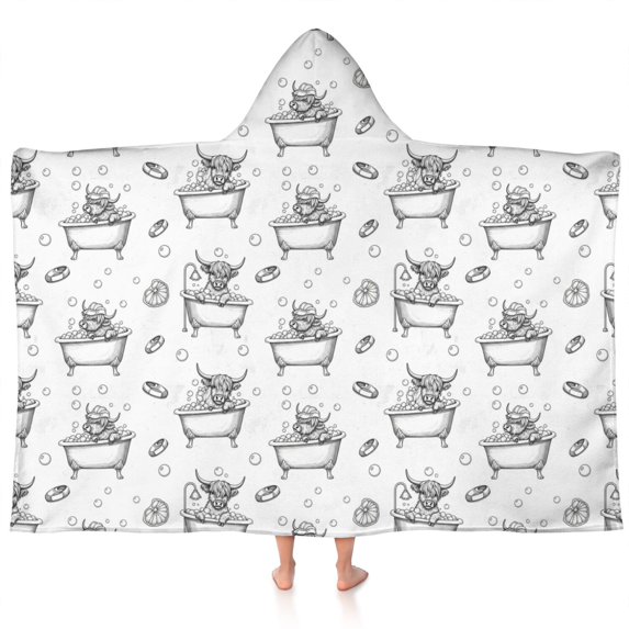 White Highland Cow Bathtub Bubble Pattern Hooded Bath Towel,60"x35" for Ages 3 To 12 Kids, Quick Dry Lightweight Soft Microfiber Hood Beach Towel Cover Up for Kids