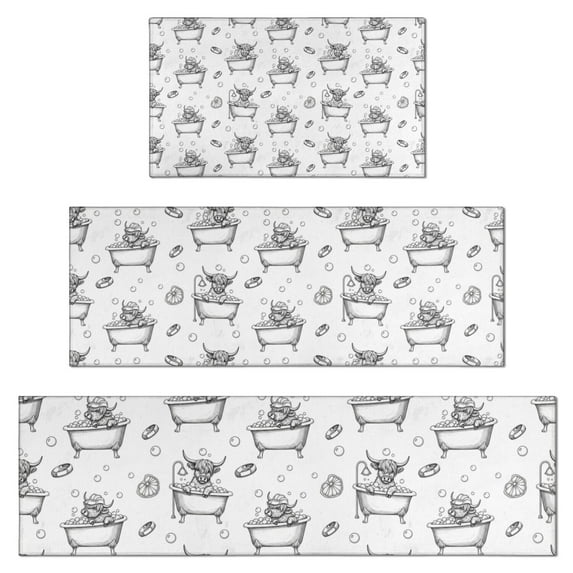 White Highland Cow Bathtub Bubble Pattern Kitchen Rugs Sets Of 3,Kitchen Runner Rugs Non Skid Washable,Decorative Kitchen Floor Mats for Kitchen,Sink,Laundry,17"x30"+ 17"x47" + 17"x59"