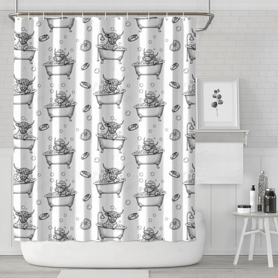 White Highland Cow Bathtub Bubble Pattern Shower Curtain 84"x72" ,Bathroom Decorative Shower Curtains Set with 12 Hooks,Modern Waterproof Washable Shower Curtain