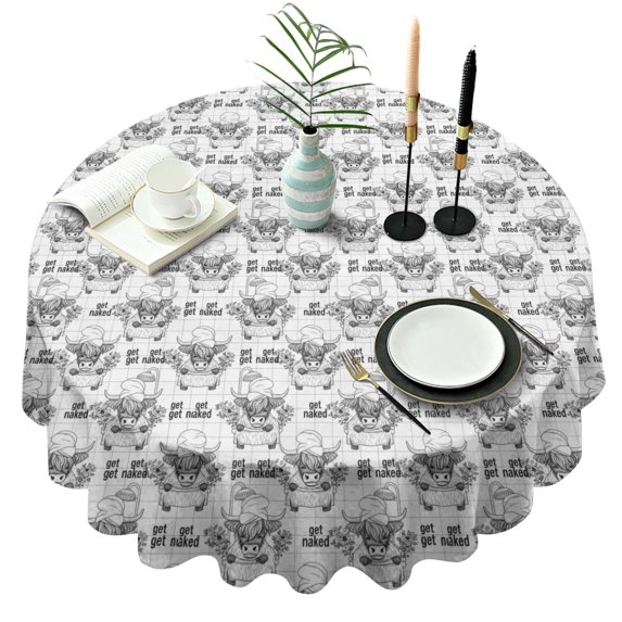 White Highland Cow Bathtub Flower Pattern Round Tablecloth 60"x60",Wrinkle Wipeable Table Cloth for Kitchen Dining Room Picnic Patio Party