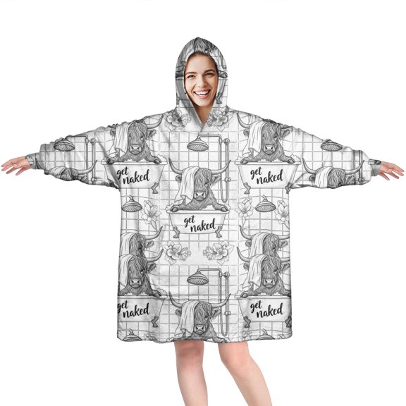 White Highland Cow Bathtub Flower Pattern Wearable Oversized Blanket,Wearable Blanket Hoodie for Adults,Cozy Hooded Blankets with Super Pockets,Super Warm Fuzzy Pullover for Women & Men