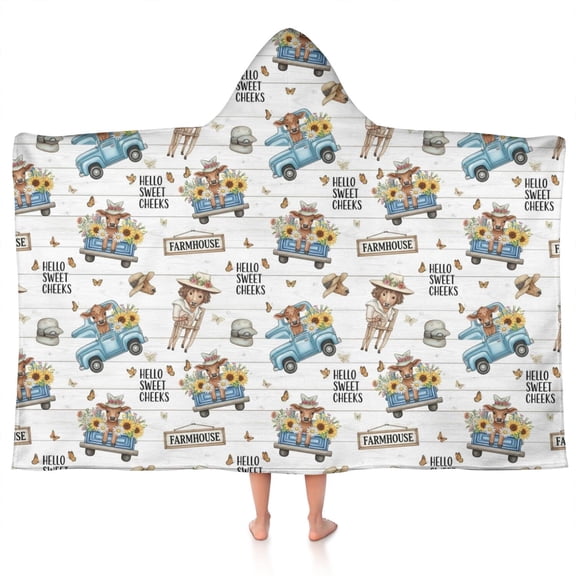 White Highland Cow Blue Truck Pattern Hooded Bath Towel,50"x30" for Ages 3 To 12 Kids, Quick Dry Lightweight Soft Microfiber Hood Beach Towel Cover Up for Kids