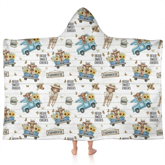 White Highland Cow Blue Truck Pattern Hooded Bath Towel,60"x35" for Ages 3 To 12 Kids, Quick Dry Lightweight Soft Microfiber Hood Beach Towel Cover Up for Kids