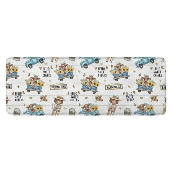 White Highland Cow Blue Truck Pattern Kitchen Rug Mat,Kitchen Runner Rugs Non Skid Washable,Decorative Kitchen Floor Mats for Kitchen,Sink,Laundry,17"x47.2"