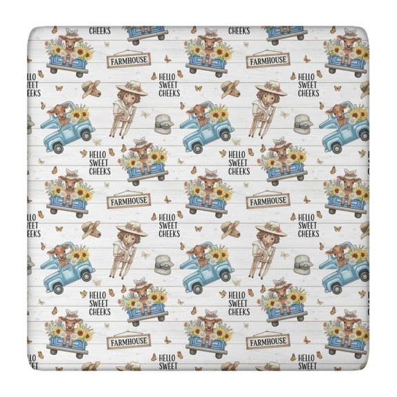 White Highland Cow Blue Truck Pattern Square Fitted Tablecloth with Elastic Edge,Square Table Cover,Washable Elastic Table Cover for Home Kitchen Party Decor 36"x36"