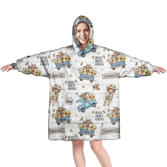 White Highland Cow Blue Truck Pattern Wearable Oversized Blanket,Wearable Blanket Hoodie for Adults,Cozy Hooded Blankets with Super Pockets,Super Warm Fuzzy Pullover for Women & Men