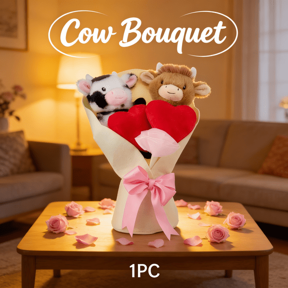 White Highland Cow Bouquet - Decorative Stuffed Cow with Soft Fabric Flowers, Thoughtful Valentine's Day Gift for Wife or Girlfriend, Aesthetic Shelf Decor for Modern Homes