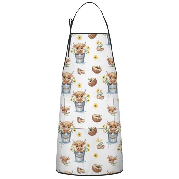 White Highland Cow Bucket Flower Pattern Apron-Garden Aprons for Women with Pockets-Cotton Linen Waterproof Kitchen Cooking Gardening Aprons Adjustable for Kitchen,Cooking,BBQ and Salon 33x27 Inch