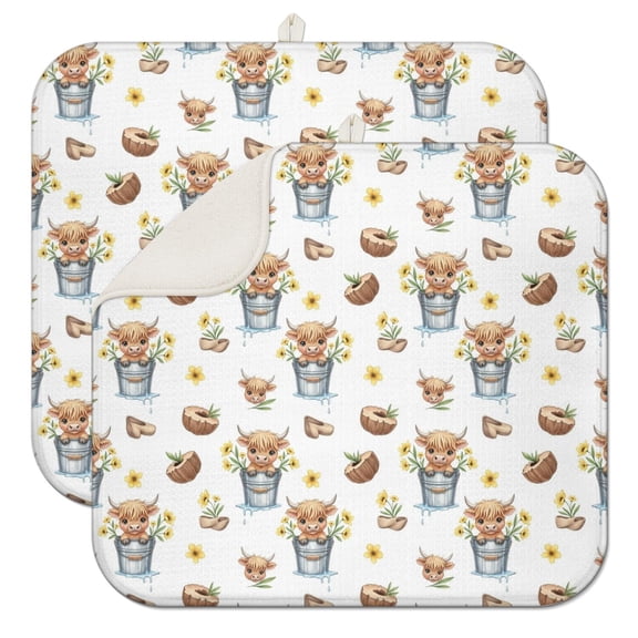 White Highland Cow Bucket Flower Pattern Dish Drying Mat for Kitchen 1 Pack, Ultra Absorbent Microfiber Dishes Drainer Mats,16"x18"