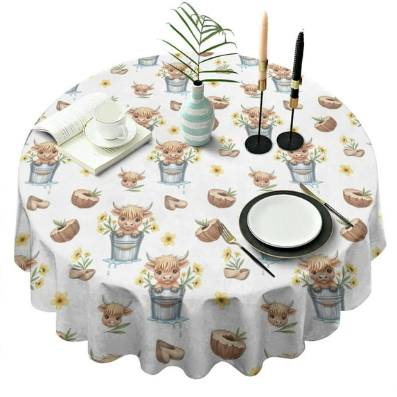 White Highland Cow Bucket Flower Pattern Round Tablecloth 60"x60",Wrinkle Wipeable Table Cloth for Kitchen Dining Room Picnic Patio Party