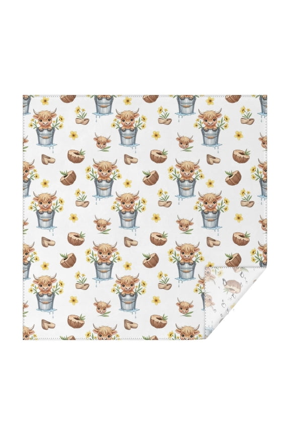 White Highland Cow Bucket Flower Pattern Square Tablecloth,Waterproof Square Table Cover,Wipeable Spillproof Washable Table Cover for Home Kitchen Party Decor 42"X42"(107x107cm)