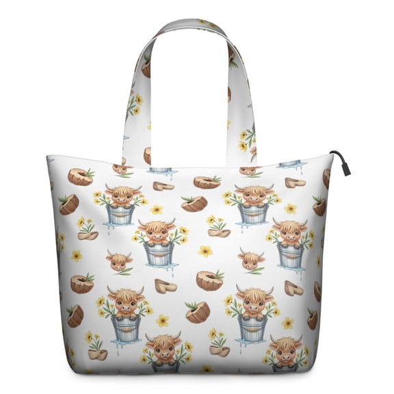 White Highland Cow Bucket Flower Pattern Travel Tote Bags for Women Carry On,Large Weekender Bags for Women Travel,Multi Functional Duffle Bag for Work,Shopping,Sports