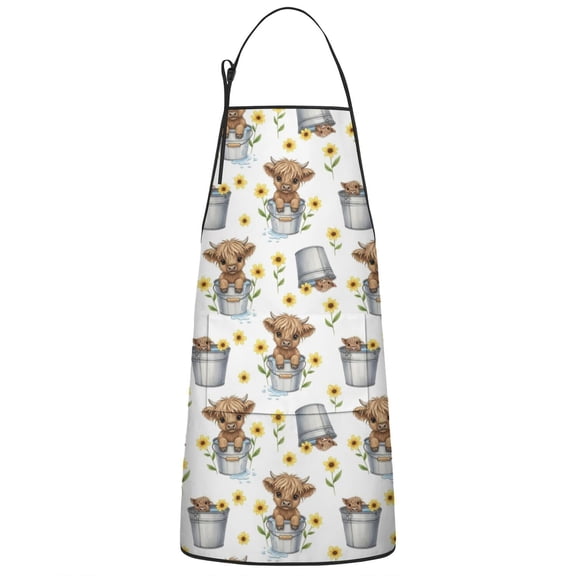 White Highland Cow Bucket Sunflower Pattern Apron-Garden Aprons for Women with Pockets-Cotton Linen Waterproof Kitchen Cooking Gardening Aprons Adjustable for Kitchen,Cooking,BBQ and Salon 33x27 Inch