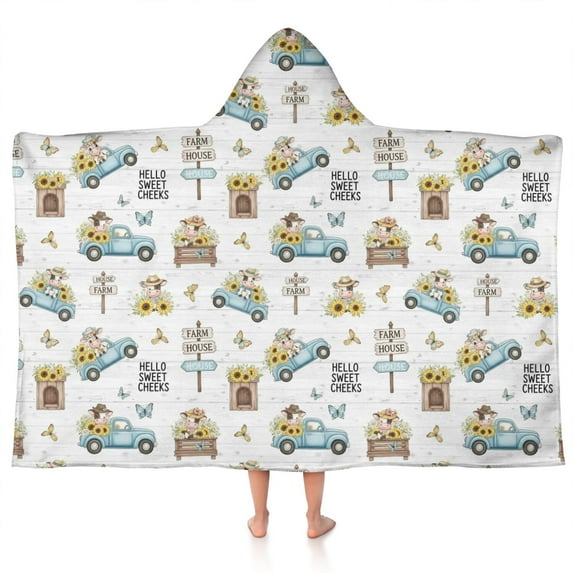 White Highland Cow Car Flower Pattern Hooded Bath Towel,50"x30" for Ages 3 To 12 Kids, Quick Dry Lightweight Soft Microfiber Hood Beach Towel Cover Up for Kids