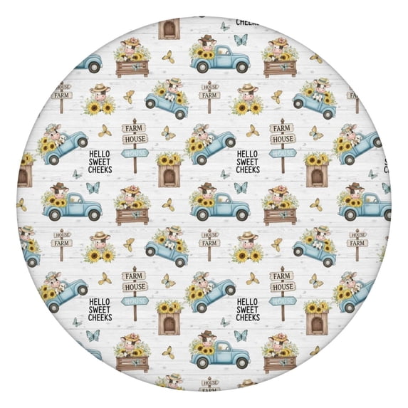 White Highland Cow Car Flower Pattern Round Fitted Tablecloth with Elastic Edge,Dining Table Cover Waterproof,Outdoor Round Tablecloth for Camping,Dining,Indoor and Outdoor