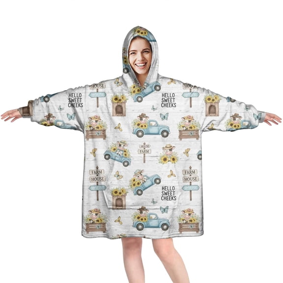 White Highland Cow Car Flower Pattern Wearable Oversized Blanket,Wearable Blanket Hoodie for Adults,Cozy Hooded Blankets with Super Pockets,Super Warm Fuzzy Pullover for Women & Men