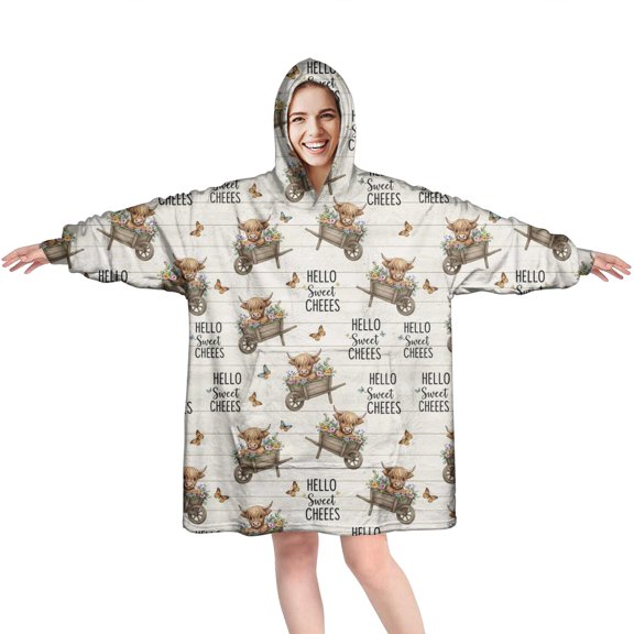 White Highland Cow Cart Butterfly Pattern Wearable Oversized Blanket,Wearable Blanket Hoodie for Adults,Cozy Hooded Blankets with Super Pockets,Super Warm Fuzzy Pullover for Women & Men