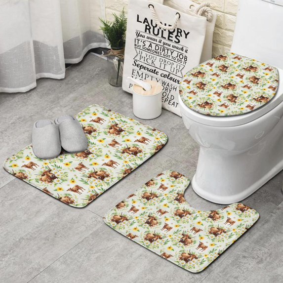 White Highland Cow Daisy Flower Pattern Bathroom Rugs Sets 3 Piece,Toilet Cover Set,Absorbent Non Slip Bathroom Mats Sets with U-Shaped Contour Rug Toilet Rug Set