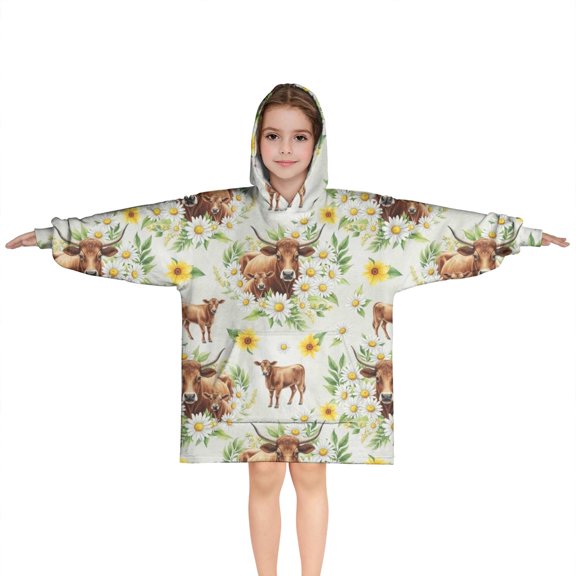 White Highland Cow Daisy Flower Pattern Blanket Hoodies for Kids 6-13YR Oversize Wearable Blanket Hoodies for Boys Girls Teens