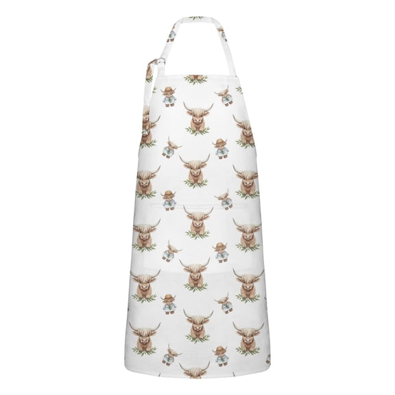 White Highland Cow Doll Pattern Apron-Garden Aprons for Women with Pockets-Cotton Linen Waterproof Kitchen Cooking Gardening Aprons Adjustable for Kitchen,Cooking,BBQ and Salon 33x27 Inch