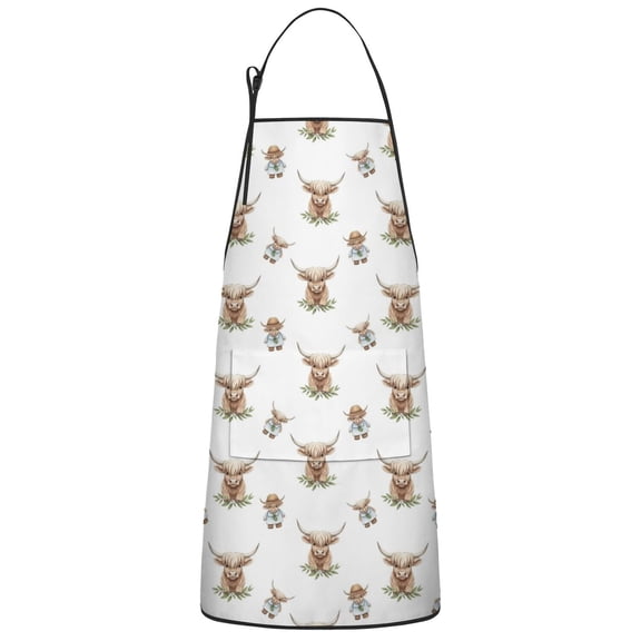 White Highland Cow Doll Pattern Apron-Garden Aprons for Women with Pockets-Cotton Linen Waterproof Kitchen Cooking Gardening Aprons Adjustable for Kitchen,Cooking,BBQ and Salon 33x27 Inch