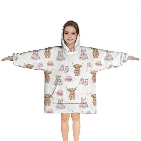 White Highland Cow Dress Shoe Pattern Blanket Hoodies for Kids 6-13YR Oversize Wearable Blanket Hoodies for Boys Girls Teens