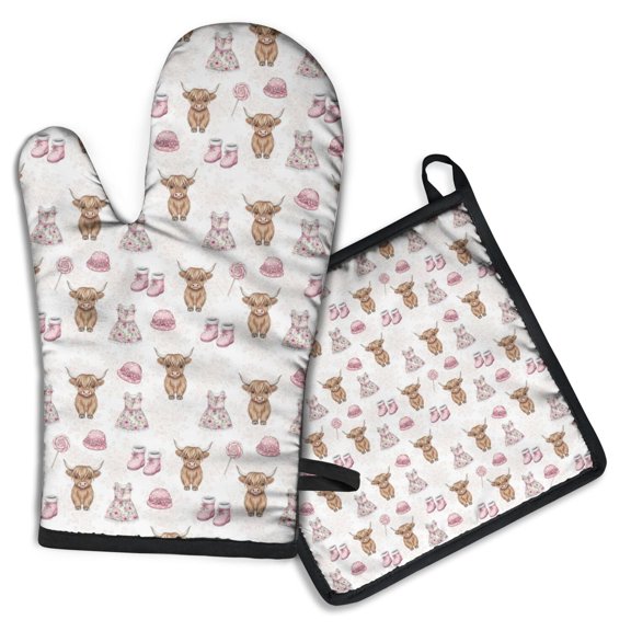 White Highland Cow Dress Shoe Pattern Kitchen Oven Mitt and Pot Holder Sets 2 Pcs for Baking, Cooking and Grilling, Heat Resistant Up To 392 °F