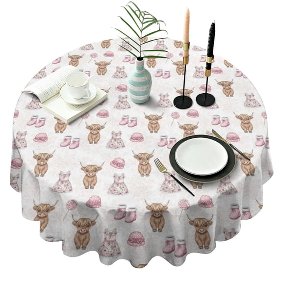 White Highland Cow Dress Shoe Pattern Round Tablecloth 60"x60",Wrinkle Wipeable Table Cloth for Kitchen Dining Room Picnic Patio Party