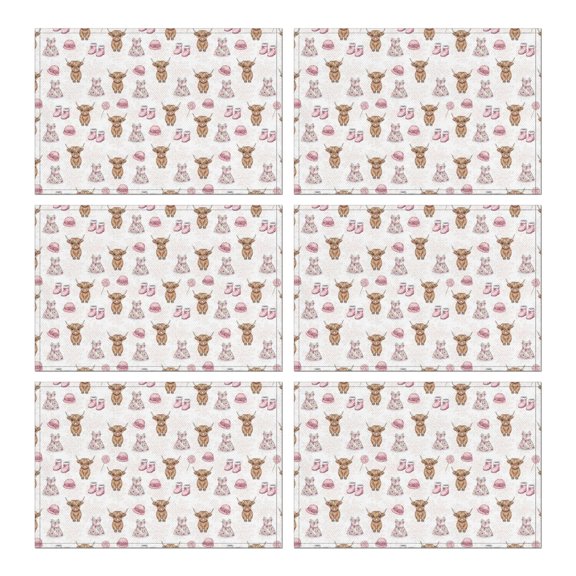White Highland Cow Dress Shoe Pattern Summer Placemats Table Placemats Set Of 6-Linen Kitchen Washable Placemats Table Mats 11.8"x17.7" Non-Slip Heat Resistant