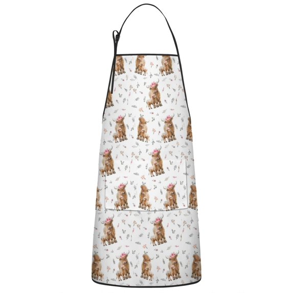 White Highland Cow Floral Pattern Apron-Garden Aprons for Women with Pockets-Cotton Linen Waterproof Kitchen Cooking Gardening Aprons Adjustable for Kitchen,Cooking,BBQ and Salon 33x27 Inch
