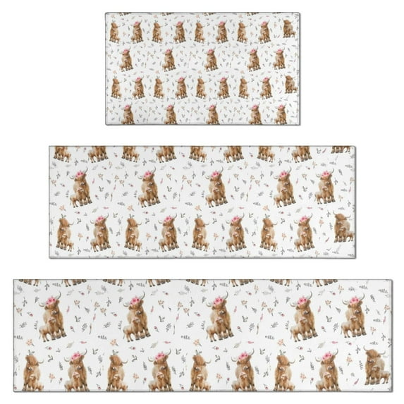 White Highland Cow Floral Pattern Kitchen Rugs Sets Of 3,Kitchen Runner Rugs Non Skid Washable,Decorative Kitchen Floor Mats for Kitchen,Sink,Laundry,17"x30"+ 17"x47" + 17"x59"