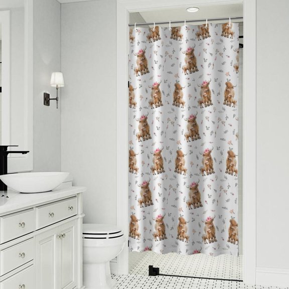 White Highland Cow Floral Pattern Shower Curtain 36"x72" ,Bathroom Decorative Shower Curtains Set with 12 Hooks,Modern Waterproof Washable Shower Curtain