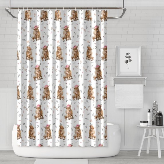 White Highland Cow Floral Pattern Shower Curtain 72"x72" ,Bathroom Decorative Shower Curtains Set with 12 Hooks,Modern Waterproof Washable Shower Curtain