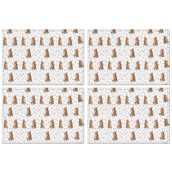 White Highland Cow Floral Pattern Summer Placemats Table Placemats Set Of 4-Linen Kitchen Washable Placemats Table Mats 11.8"x17.7" Non-Slip Heat Resistant