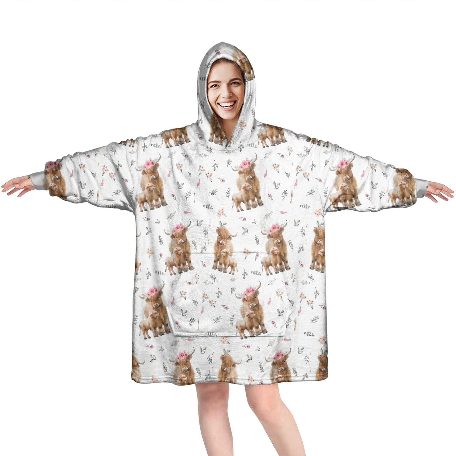 White Highland Cow Floral Pattern Wearable Oversized Blanket,Wearable Blanket Hoodie for Adults,Cozy Hooded Blankets with Super Pockets,Super Warm Fuzzy Pullover for Women & Men