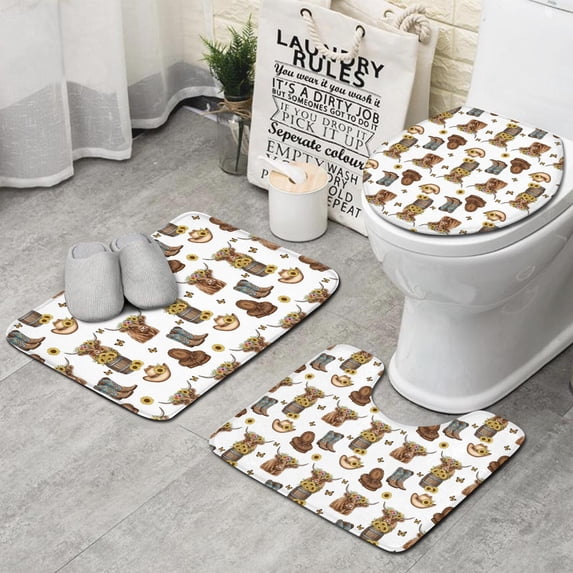 White Highland Cow Flower Barrel Pattern Bathroom Rugs Sets 3 Piece,Toilet Cover Set,Absorbent Non Slip Bathroom Mats Sets with U-Shaped Contour Rug Toilet Rug Set