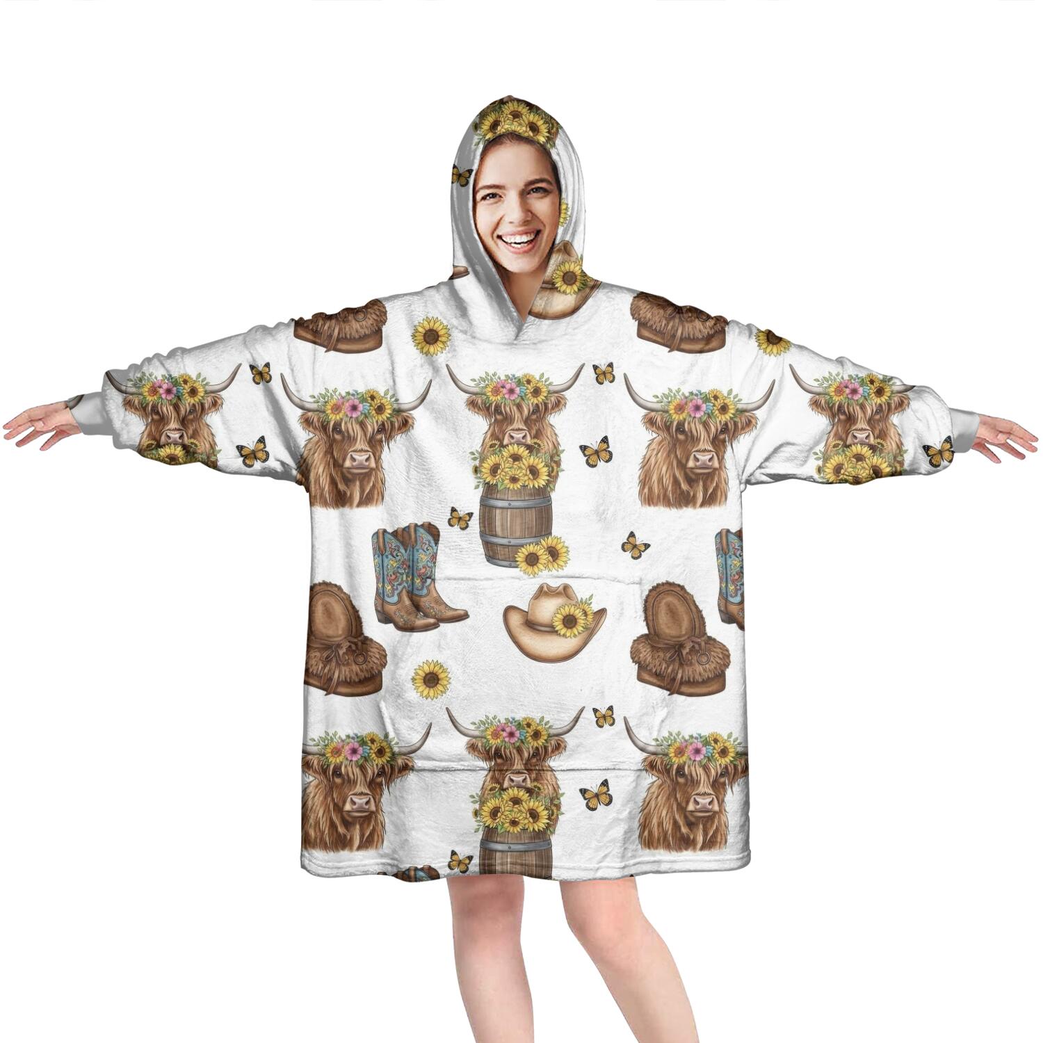 White Highland Cow Flower Barrel Pattern Wearable Oversized Blanket,Wearable Blanket Hoodie for Adults,Cozy Hooded Blankets with Super Pockets,Super Warm Fuzzy Pullover for Women & Men