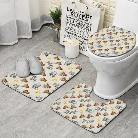 White Highland Cow Flower Bathtub Pattern Bathroom Rugs Sets 3 Piece,Toilet Cover Set,Absorbent Non Slip Bathroom Mats Sets with U-Shaped Contour Rug Toilet Rug Set
