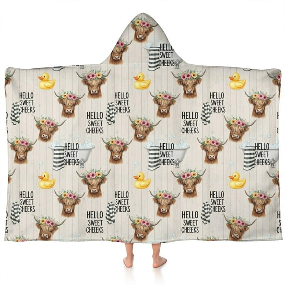 White Highland Cow Flower Bathtub Pattern Hooded Bath Towel,60"x35" for Ages 3 To 12 Kids, Quick Dry Lightweight Soft Microfiber Hood Beach Towel Cover Up for Kids