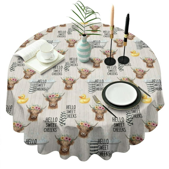 White Highland Cow Flower Bathtub Pattern Round Tablecloth 60"x60",Wrinkle Wipeable Table Cloth for Kitchen Dining Room Picnic Patio Party