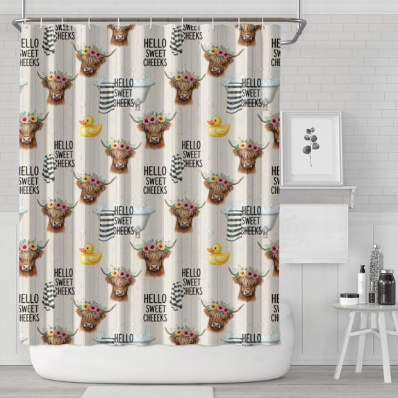 White Highland Cow Flower Bathtub Pattern Shower Curtain 84"x72" ,Bathroom Decorative Shower Curtains Set with 12 Hooks,Modern Waterproof Washable Shower Curtain