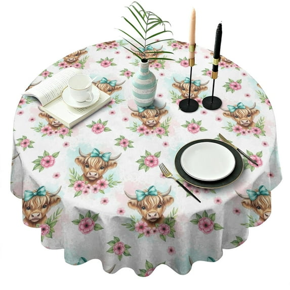 White Highland Cow Flower Bow Pattern Round Tablecloth 60"x60",Wrinkle Wipeable Table Cloth for Kitchen Dining Room Picnic Patio Party