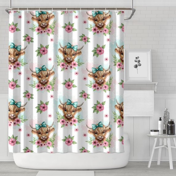 White Highland Cow Flower Bow Pattern Shower Curtain 84"x72" ,Bathroom Decorative Shower Curtains Set with 12 Hooks,Modern Waterproof Washable Shower Curtain