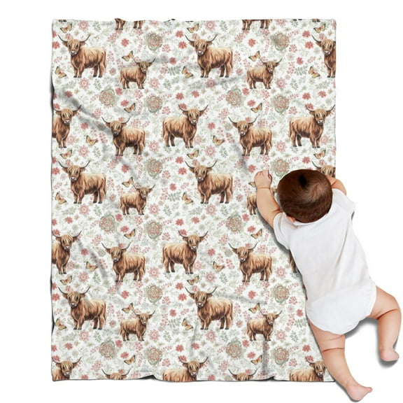 White Highland Cow Flower Butterfly Pattern Blanket,Comfortable Soft Flannel Throw Blanket,All Season,Warm Lightweight Blankets for Sofa Bed Couch Living Room Chair,30"x40"