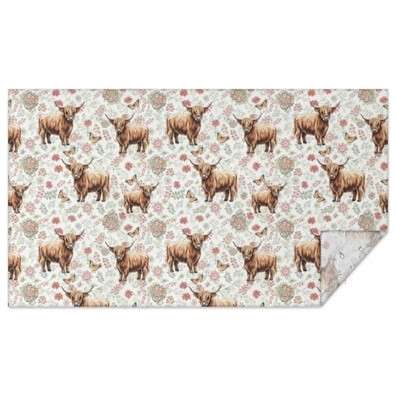 White Highland Cow Flower Butterfly Pattern Rectangle Tablecloth 60"x102",Waterproof Polyester Rectangle Table Cloth, Wipeable Spillproof Polyester Tablecloth for Dining, Camping, Indoor and Outdoor