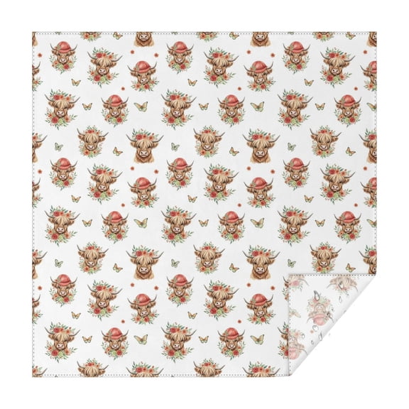 White Highland Cow Flower Butterfly Pattern Square Tablecloth,Waterproof Square Table Cover,Wipeable Spillproof Washable Table Cover for Home Kitchen Party Decor 52"x52"(132x132cm)