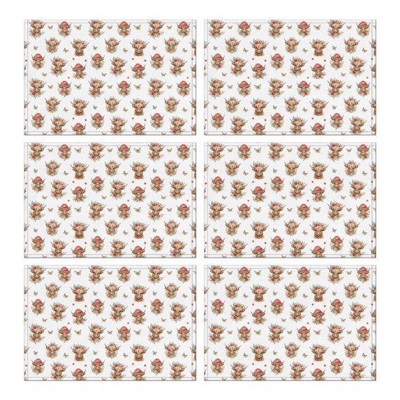 White Highland Cow Flower Butterfly Pattern Summer Placemats Table Placemats Set Of 6-Linen Kitchen Washable Placemats Table Mats 11.8"x17.7" Non-Slip Heat Resistant